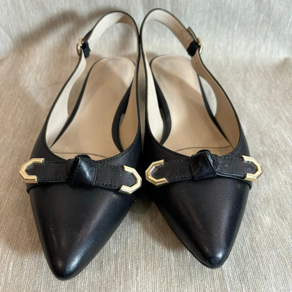 COLE HAAN Sz 6.5B Leather Flat Pointy Toe Knotted Bow w/ Metal Tips Slingbacks - Picture 2 of 11